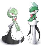 1girl apron bangs black_bow black_neckwear black_skirt blue_hair bow bowtie butler closed_mouth clothed_pokemon gallade gardevoir gen_3_pokemon green_hair green_skin hair_over_one_eye hand_up hands_together happy highres kashiwa_(3920kashiwa) legs_together looking_at_viewer maid_apron maid_headdress monocle multicolored_hair no_humans pokemon pokemon_(creature) red_eyes shiny shiny_hair short_hair simple_background skirt smile standing two-tone_hair two-tone_skin white_apron white_background white_skin yellow-framed_eyewear 