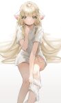  1girl blonde_hair chii chobits closed_mouth feet_out_of_frame hair_tubes highres invisible_chair long_hair looking_at_viewer nakony robot_ears shirt simple_background sitting solo very_long_hair white_background white_shirt yellow_eyes 