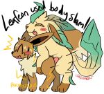 2024 ambiguous_gender balls blush blush_lines blush_stickers dipstick_tail duo eevee eeveelution electricity english_text feral feral_on_feral from_behind_position generation_1_pokemon generation_4_pokemon genitals hair hi_res jackrabbit_(artist) knot leafeon male male/ambiguous markings mounting munchkin_(jackrabbit) nintendo paralysis paws penetration pokemon pokemon_(species) sex tail tail_markings text tongue tongue_out trans_(lore) trans_man_(lore) vaginal vaginal_penetration