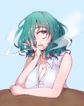  bare_shoulders blue_background breasts cigarette cleavage commentary_request green_hair hair_over_one_eye head_rest kazami_yuuka large_breasts medium_hair mole mole_under_eye open_mouth red_eyes s-m!le_yuu sleeveless smoke smoking solo table touhou upper_body wavy_hair 