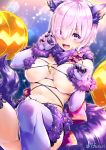  animal_ears breasts cghr7824 commentary_request dangerous_beast elbow_gloves eyebrows_visible_through_hair eyes_visible_through_hair fang fate/grand_order fate_(series) fur-trimmed_gloves fur_trim gloves hair_over_one_eye halloween halloween_costume jack-o'-lantern large_breasts looking_at_viewer mash_kyrielight o-ring o-ring_top open_mouth pink_hair pumpkin purple_eyes purple_gloves purple_legwear short_hair solo tail teeth thighhighs twitter_username wolf_ears wolf_tail 