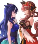  2girls animal_ears bare_arms bare_shoulders blue_eyes blue_hair blush breasts brown_hair collarbone dark_blue_hair detached_sleeves dress ear_covers ear_ornament earrings ears_through_headwear eye_contact face-to-face gentildonna_(umamusume) gloves hair_between_eyes hair_ornament hair_rings highres horse_ears horse_girl horse_tail jewelry large_breasts long_hair long_sleeves looking_at_another medium_hair mole mole_under_eye multicolored_hair multiple_girls red_eyes rio_(rio_067) sidelocks simple_background single_ear_cover single_earring sleeveless smile tail umamusume verxina_(umamusume) white_background 