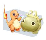  ^_^ animal_focus blue_eyes charmander closed_eyes fangs fire fireblast highres hippopotas hippopotas_(male) mega_stone no_humans open_mouth pokemon pokemon_(creature) simple_background tail white_background 