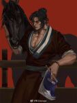  1boy affectionate bara check_copyright copyright_request cowboy_shot horse male_focus mature_male muscular muscular_male original pectoral_cleavage pectorals petting short_hair solo standing thick_eyebrows zhun_dou_ikaruga 