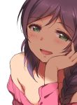  bare_shoulders blush braid collarbone deyuuku eyebrows_visible_through_hair green_eyes hand_on_own_cheek long_hair looking_at_viewer love_live! love_live!_school_idol_project open_mouth purple_hair simple_background single_braid smile solo toujou_nozomi upper_body white_background 