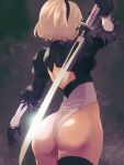  2b_(nier:automata) ass back black_hairband blindfold covered_eyes gloves hairband highres holding holding_sword holding_weapon leotard nier:automata nier_(series) pantyhose short_hair standing sword thong_leotard weapon white_hair yuenibushi 