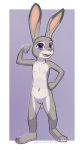  2018 3_toes anthro border buckteeth disney eddiew female fist flat_chested flexing front_view fur grey_fur hand_on_hip judy_hopps lagomorph long_ears looking_at_viewer mammal navel nipples nude open_mouth open_smile pink_nose pose purple_background purple_eyes pussy rabbit simple_background smile solo standing teeth toes white_border zootopia 