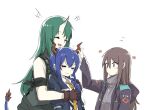  3girls angry arknights black_jacket blue_hair brown_hair ch&#039;en_(arknights) closed_eyes collared_shirt commentary_request doctor_(arknights) dragon_girl dragon_horns dragon_tail embarrassed female_doctor_(arknights) gloves green_hair grey_shirt hands_up happy horns hoshiguma_(arknights) hug hug_from_behind jacket long_hair multiple_girls necktie nejikyuu open_mouth petting restrained shirt short_hair simple_background single_horn smile tail white_background white_shirt yellow_necktie 