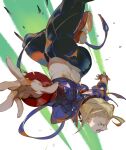 1girl battle black_pants blonde_hair blue_eyes blue_jacket cammy_white crop_top cropped_jacket falling highres jacket lucaxu1991 midair open_mouth outstretched_arms pants red_footwear simple_background solo spread_fingers street_fighter white_background 