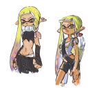  1girl agent_3_(splatoon_3) asymmetrical_hair bandaged_arm bandages bike_shorts black_bandages black_shirt black_shorts blonde_hair braid chinese_commentary closed_mouth eyebrow_cut film_grain groin inkling inkling_girl inkling_player_character long_hair navel orange_eyes pointy_ears shirt shorts simple_background splatoon_(series) splatoon_3 tank_top tentacle_hair thenintlichen96 torn_clothes torn_shirt very_long_hair white_background white_tank_top yellow_eyes 