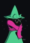  anthro black_background blush caprine clothed clothing deltarune eyewear floppy_ears fur glasses goat hat horn long_ears looking_down male mammal milodesty portrait ralsei robe scarf shy simple_background solo standing sweat video_games white_eyes 