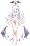  1girl absurdres ahoge ahr_tato bare_legs barefoot blue_archive bra breasts breasts_apart cameltoe collarbone commentary demon_horns demon_wings full_body groin halo highres hina_(blue_archive) horns lingerie long_hair looking_at_viewer low_wings navel one_side_up panties petite purple_eyes simple_background skindentation small_breasts solo stomach thigh_gap toes underwear underwear_only very_long_hair white_background white_bra white_hair white_panties wings 