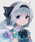  1girl black_hairband bow bowtie chicachang chromatic_aberration closed_mouth collar commentary_request frilled_shirt_collar frills ghost green_vest grey_hair hairband highres konpaku_youmu konpaku_youmu_(ghost) looking_at_viewer purple_eyes short_hair solo sparkle touhou upper_body vest white_background 
