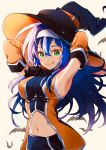  armpits belt blue_hair broom detached_sleeves fingerless_gloves fire_emblem fire_emblem:_souen_no_kiseki fire_emblem_heroes gloves green_eyes hairband halloween_costume headband highres navel_cutout nekolook purple_hair solo wayu_(fire_emblem) white_hairband white_headband witch 