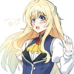  1girl :o alternate_costume ascot blonde_hair blue_eyes blush breasts gem goblin_slayer! hand_up juliet_sleeves kankitukou long_hair long_sleeves priestess_(goblin_slayer!) puffy_sleeves simple_background small_breasts solo teeth white_background yellow_ascot 