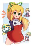  1girl :d blonde_hair blush blush_stickers border bow breasts broom chibi cropped_legs dress green_eyes green_ribbon hair_between_eyes hair_bow hair_ribbon high_ponytail highres long_hair long_sleeves looking_at_viewer mega_man_(classic) mega_man_(series) met_(mega_man) multiple_views open_mouth ponytail red_dress red_ribbon ribbon roll_(mega_man) sidelocks smile standing sweeping wakaba_(wata_ridley) white_border 