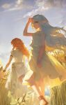  2girls cloud cloudy_sky dress elf flamme_(sousou_no_frieren) frieren from_behind highres long_hair looking_at_viewer looking_back multiple_girls orange_hair pointy_ears quasarcake sandals sky sousou_no_frieren very_long_hair wheat white_dress white_hair 