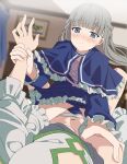  2girls absurdres blue_eyes blunt_bangs blurry blurry_background blush braid capelet commentary_request dress frilled_capelet frills grey_hair highres holding_another&#039;s_wrist indoors kanne_(sousou_no_frieren) lawine_(sousou_no_frieren) long_hair lying multiple_girls navel on_back on_bed painting_(object) panties pov soha_(sirohase) sousou_no_frieren spread_legs straddling thighs underwear white_panties yuri 