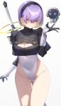  1girl 2b_(nier:automata) 2b_(nier:automata)_(cosplay) absurdres alternate_costume ass_visible_through_thighs black_gloves black_hairband blonde_hair breasts cleavage cleavage_cutout clothing_cutout cosplay covered_navel cowboy_shot gloves hairband hand_up hashtag_only_commentary highleg highleg_leotard highres hololive hololive_indonesia juliet_sleeves leotard long_sleeves moona_hoshinova nier:automata nier_(series) puffy_sleeves purple_eyes purple_hair sasa_ku86 shirt short_hair simple_background smile solo standing thigh_gap thighs virtuous_contract weapon weapon_on_back white_leotard white_shirt 