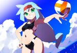  1girl alternate_costume alternate_hairstyle ashe_(mega_man) ball bikini black_bikini blue_hair breasts cloud commentary_request commission green_eyes holding holding_ball kaidou_zx long_hair mega_man_(series) mega_man_zx mega_man_zx_advent navel ocean open_clothes open_fly pixiv_commission short_hair sky small_breasts sports_bikini swimsuit swimsuit_under_clothes variant_set volleyball_(object) water 