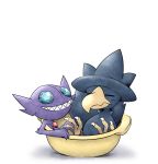  blue_eyes blush bowl claws closed_eyes crystal gen_2_pokemon gen_3_pokemon highres imp kashiwa_(3920kashiwa) light_blush murkrow no_humans pokemon pokemon_(creature) purple_skin sableye sharp_teeth simple_background sitting smile teeth white_background 