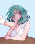  bare_shoulders blue_background breasts cigarette cleavage green_hair hair_over_one_eye head_rest holding holding_cigarette hong_meiling kazami_yuuka large_breasts looking_up medium_hair multiple_girls red_eyes s-m!le_yuu sleeveless smoke table touhou upper_body wavy_hair 