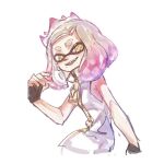  1girl :d black_gloves dress film_grain fingerless_gloves gloves gradient_hair grey_hair hand_up medium_hair mole mole_under_mouth multicolored_hair open_mouth pearl_(splatoon) pink_hair simple_background sleeveless sleeveless_dress smile solo splatoon_(series) splatoon_2 suction_cups teeth tentacle_hair thenintlichen96 two-tone_hair upper_teeth_only white_background yellow_eyes zipper zipper_pull_tab 