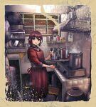 1girl apron brown_eyes brown_hair cooking cooking_pot grey_sailor_collar hair_ornament highres indoors kantai_collection kitchen ladle looking_at_viewer mixing_bowl open_mouth photo_(object) red_apron red_shirt sailor_collar shirt short_hair sink solo standing stove tan_yang_(kancolle) tile_wall tiles timmyyen yukikaze_(kancolle) 