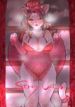  &lt;3 2018 anthro babydoll black_nose blush breasts cat cleavage clothed clothing clothing_lift collar english_text eyelashes feline female front_view fur hair hair_ribbon hi_res kemono knock_kneed lingerie long_hair looking_at_viewer mammal navel neck_tuft open_mouth panties pink_fur portrait red_hair ribbons shikibetsuko slit_pupils solo standing sweat tail_ribbon text three-quarter_portrait tuft underwear wavy_hair whiskers 