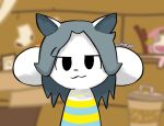 ambiguous_gender anthro big_ears boy_kisser_(meme) canid canine clothed clothing colored detailed_background english_text felid feline fur hi_res looking_at_viewer mammal meme signature solo tem temmie_(undertale) text undertale undertale_(series) unknown_artist unknown_artist_signature white_body white_fur