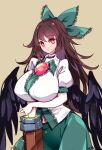  1girl absurdres arm_cannon bird_wings black_wings bow breasts brown_background brown_hair commentary green_bow green_skirt hair_bow hair_flaps highres large_breasts long_hair looking_at_viewer raptor7 red_eyes reiuji_utsuho shirt short_sleeves simple_background skirt solo symbol-only_commentary third_eye touhou weapon white_shirt wings 