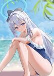  1girl bare_legs bare_shoulders beach blue_archive blue_one-piece_swimsuit blue_ribbon blue_sky blurry breasts cloud cloudy_sky collarbone feet_out_of_frame frills grey_hair hair_between_eyes hair_ribbon highres hugging_own_legs jim199909 large_breasts light_blush long_hair looking_at_viewer miyako_(blue_archive) miyako_(swimsuit)_(blue_archive) ocean one-piece_swimsuit open_mouth palm_tree ponytail purple_eyes ribbon sidelocks sitting sky spaghetti_strap swimsuit tree wet 