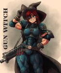 adjusting_clothes adjusting_headwear armor assault_rifle elbow_pads eyepatch gloves green_eyes gun hat highres jewelry kabewski long_hair muscular muscular_female necklace original pauldrons pentagram red_hair rifle shoulder_armor signature skirt smile teeth vial weapon witch witch_hat 