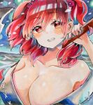  1girl absurdres blush breasts cleavage commentary hair_bobbles hair_ornament highres holding holding_scythe large_breasts looking_at_viewer onozuka_komachi red_eyes red_hair scythe smile solo torajirou_(toraneko_zirou) touhou traditional_media two_side_up upper_body 