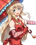  1girl bare_shoulders blonde_hair blue_eyes clothing_cutout cowboy_shot dress fur-trimmed_gloves fur_collar fur_trim gloves goblin_slayer! heart_cutout highres holding holding_umbrella kankitukou long_hair priestess_(goblin_slayer!) red_dress red_gloves simple_background smile solo striped_clothes striped_gloves umbrella white_background 