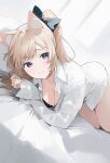  1girl animal_ear_fluff animal_ears black_bow black_bra blonde_hair blue_eyes bow bra bra_peek breasts cat_ears cat_girl cleavage closed_mouth collared_shirt hair_bow highres large_breasts long_sleeves looking_at_viewer lying on_bed on_side original ponytail shirt sleeves_past_wrists smile solo soybean_(hisoybean) underwear white_shirt 