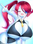 2024 animal_humanoid bangs big_breasts bikini black_clothing blue_body blue_pupils breasts camel_toe cleavage clothed clothing cute_fangs deltarune female fish hair hi_res huge_breasts humanoid hyper hyper_breasts long_hair looking_at_viewer makeup marine marine_humanoid monster navel necktie one_eye_closed open_mouth osaka_myun pupils red_hair simple_background smile solo swimwear tight_clothing undertale_(series) undyne white_background wink yellow_necktie