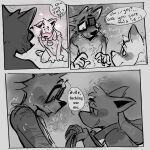 1:1 3_panel_comic anthro arm_hair bedroom_eyes blush blush_lines blushingrosewood body_hair canid canine canis collar collar_only dialogue domestic_dog dreadlocks duo english_text eyewear freckles generation_4_pokemon glasses grey_body grey_scales half-closed_eyes hi_res inviting kneeling lucario male mammal narrowed_eyes nervous nervous_expression nervous_smile nintendo nude pokemon pokemon_(species) profanity scales seductive smile smirk smug smug_face sound_effects speech_bubble text wide_eyed