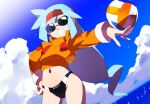  1girl alternate_costume alternate_hairstyle ashe_(mega_man) ball bikini bikini_bottom_only black_bikini blue_hair cloud commentary_request commission crop_top cropped_jacket green_eyes holding holding_ball jacket kaidou_zx long_hair mega_man_(series) mega_man_zx mega_man_zx_advent midriff navel ocean open_clothes open_fly orange_jacket pixiv_commission short_hair sky sunglasses swimsuit variant_set volleyball_(object) water 