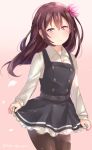  arashio_(kantai_collection) arashio_(kantai_collection)_(cosplay) bangs belt black_belt black_dress blush breasts brown_hair closed_mouth collared_shirt commentary_request cosplay cowboy_shot double-breasted dress frills hair_ornament high_belt juurouta kantai_collection kisaragi_(kantai_collection) legs_together long_hair long_sleeves looking_at_viewer pantyhose pinafore_dress shirt single_horizontal_stripe sketch_eyebrows smile solo white_shirt wing_collar 