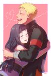  1boy 1girl artist_name black_hair black_jacket blonde_hair blush closed_eyes commentary couple facial_mark hal_(sakurajam) heart hetero hug hyuuga_hinata jacket long_hair naruto:_the_last naruto_(series) open_mouth pink_background short_hair simple_background sleeveless sleeveless_jacket smile uzumaki_naruto whisker_markings white_background 