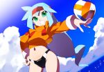  1girl alternate_costume alternate_hairstyle ashe_(mega_man) ball bikini bikini_bottom_only black_bikini blue_hair cloud commentary_request commission crop_top cropped_jacket green_eyes holding holding_ball jacket kaidou_zx long_hair mega_man_(series) mega_man_zx mega_man_zx_advent midriff navel ocean open_clothes open_fly orange_jacket pixiv_commission short_hair sky swimsuit variant_set volleyball_(object) water 