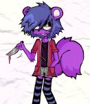 anthro blue_hair bottomwear clothing fluffy fluffy_tail hair hi_res holding_object holding_weapon hotpants knife legwear male male/male mammal montyfox purple_body rodent sciurid shorts smile solo spitthesauce stockings tail tree_squirrel weapon
