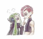  1boy 1girl agent_3_(splatoon) agent_8_(splatoon) angry black_cape cape closed_mouth eye_contact frown green_hair headgear high-visibility_vest index_finger_raised inkling inkling_girl inkling_player_character long_hair long_sleeves looking_at_another mohawk octoling octoling_boy octoling_player_character open_mouth pointing pointing_at_another puff_of_air red_eyes red_hair short_hair simple_background splatoon_(series) splatoon_2 splatoon_2:_octo_expansion tentacle_hair thenintlichen96 white_background 