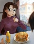  2girls azumanga_daioh eating food glasses kagura_(azumanga_daioh) long_hair mizuhara_koyomi multiple_girls mustard pancake sweater 