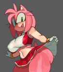 2024 amy_rose anthro big_breasts bodily_fluids bottomwear bracelet breasts clothing eulipotyphlan eyelashes female fiinel gloves green_eyes grey_background hair handwear hedgehog hi_res jewelry looking_at_viewer mammal midriff navel nipple_outline open_mouth open_smile pink_hair pleated_skirt sega shirt short_hair simple_background skirt smile solo sonic_the_hedgehog_(series) sweat tank_top thick_thighs topwear wide_hips