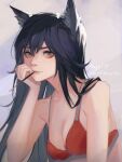  1girl angel_(halfheartxi) animal_ear_piercing animal_ears arknights black_hair bra breasts brown_eyes english_text food highres holding_head long_hair looking_at_viewer pale_skin pocky red_bra small_breasts smile solo texas_(arknights) twitter_username underwear white_background wolf_ears wolf_girl 