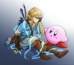  arrow blonde_hair blue_eyes boots bow_(weapon) earrings gloves jewelry kirby kirby_(series) link male_focus master_sword pointy_ears quiver sayoyonsayoyo shield short_hair simple_background spoilers super_smash_bros. super_smash_bros._ultimate the_legend_of_zelda the_legend_of_zelda:_breath_of_the_wild weapon 