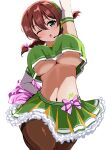  ;o absurdres arm_up blue_eyes braid breasts brown_hair brown_thighhighs cheerleader commentary crop_top elbow_gloves emma_verde freckles frilled_skirt frills gloves green_skirt hand_on_own_hip headset highres holding holding_pom_poms large_breasts long_hair love_live! love_live!_nijigasaki_high_school_idol_club low_twintails medium_hair midriff miniskirt navel no_bra one_eye_closed pisagi pleated_skirt pom_pom_(cheerleading) simple_background skirt stomach thighhighs twin_braids twintails underboob white_background white_gloves 