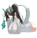  1girl arknights black_hair breasts closed_mouth commentary_request dragon_girl dragon_horns dragon_tail dusk_(arknights) green_horns hair_over_one_eye head_rest horn/wood horns large_breasts long_hair looking_at_viewer lying on_stomach pointy_ears ponytail red_eyes ribbed_sweater simple_background solo sweater tail turtleneck turtleneck_sweater white_background white_sweater 